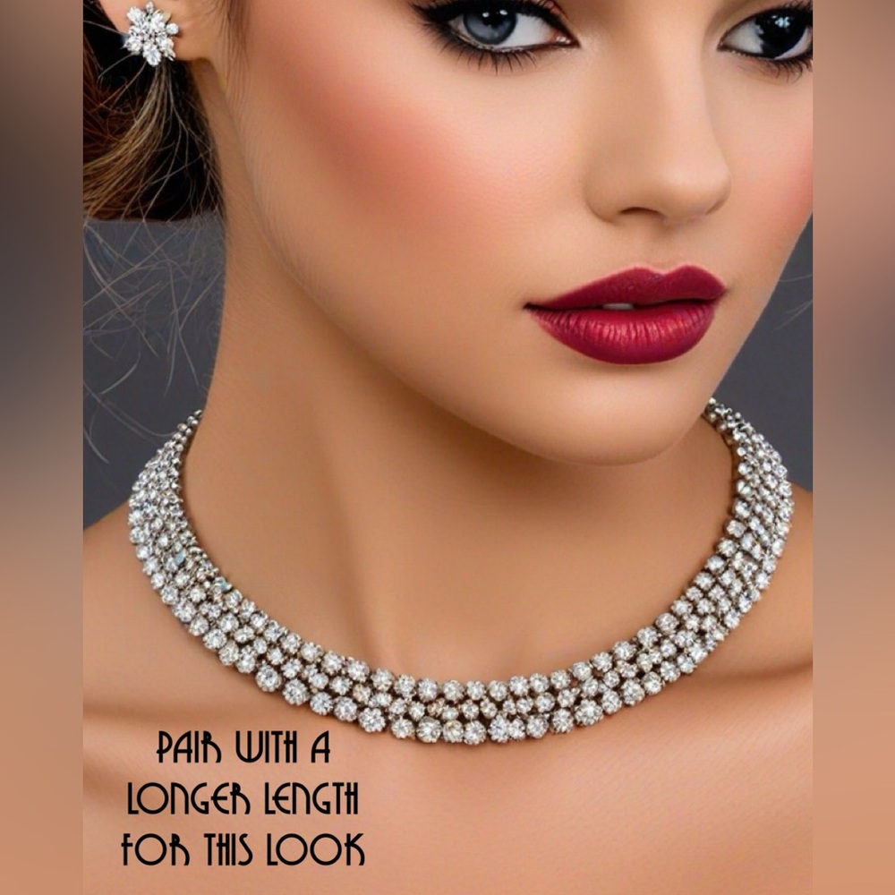 Vintage 16" Silver Tone And Double Row Rhinestone Choker Necklace